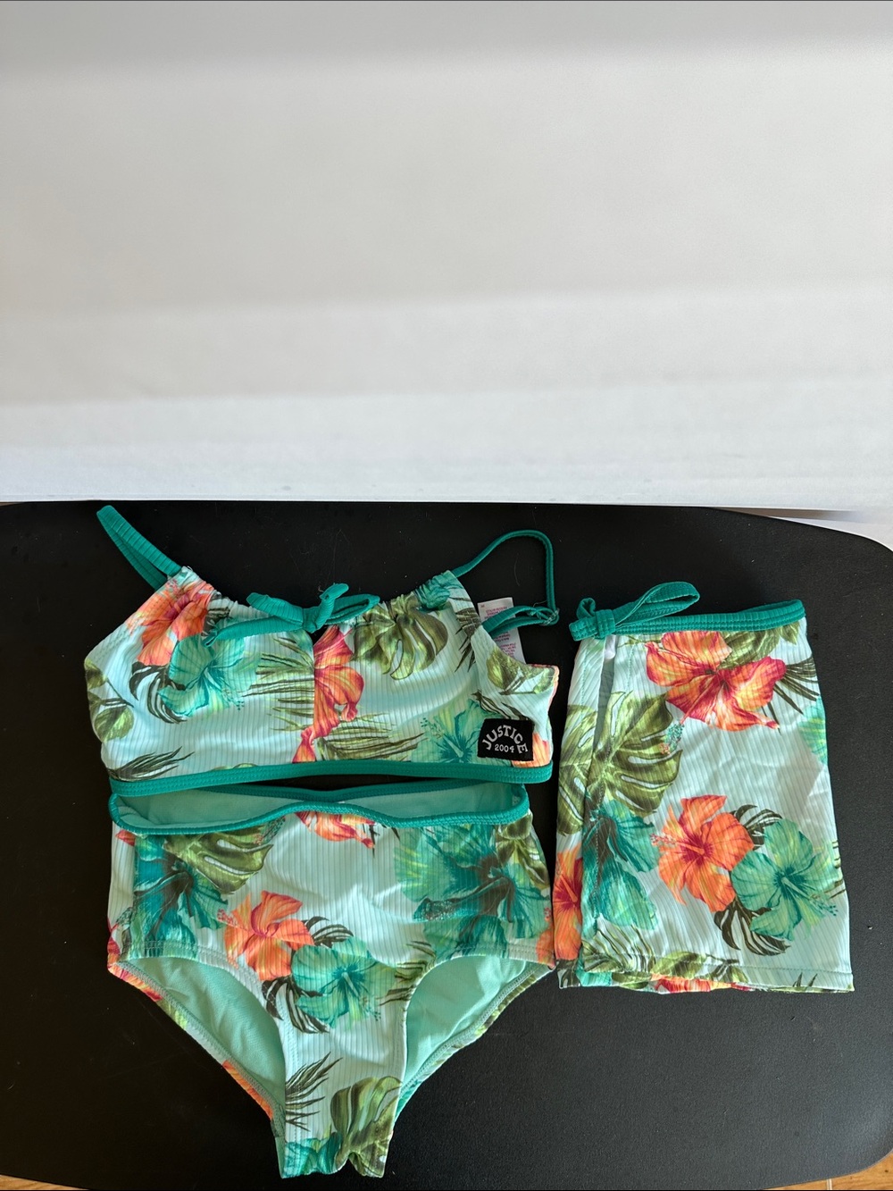Justice Girls Teal Floral Two-Piece Bikini Set w/Skirt Size 7/8